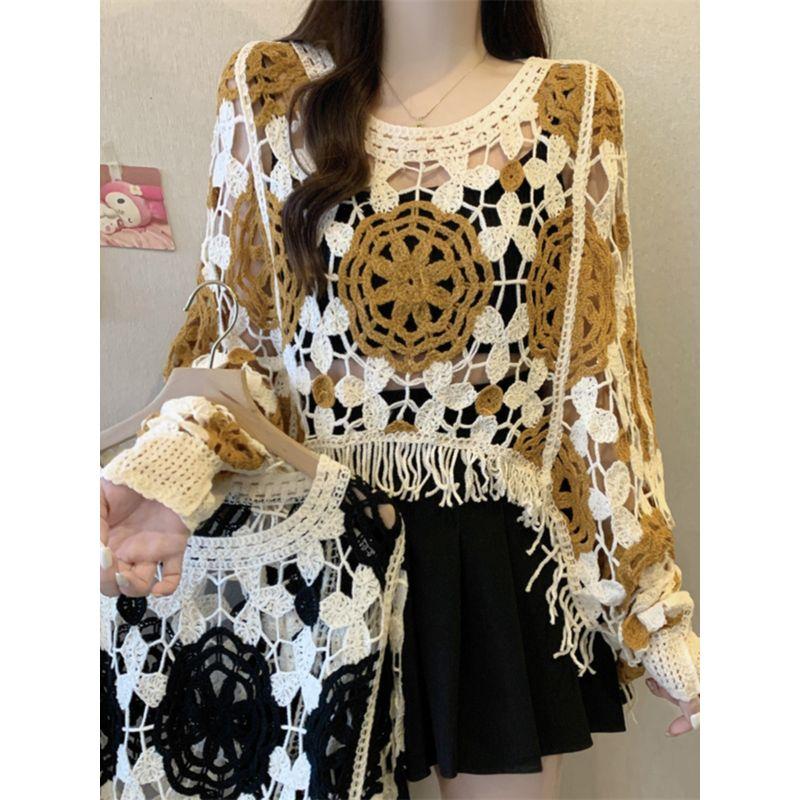 Fall New Arrival Plus Size Women's Crochet Cut Out Long Sleeves Knitwear Slim Fit Slimming Unique Stylish Tassel Tops