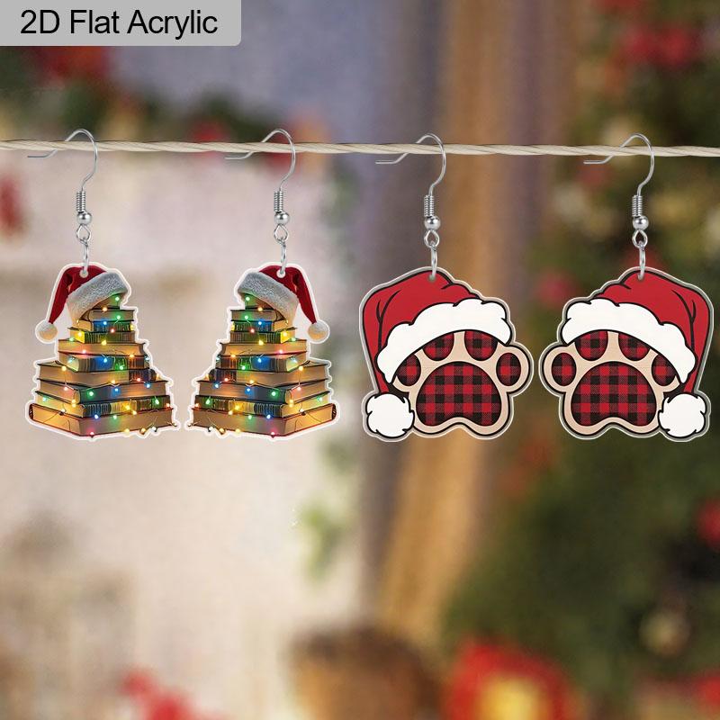 2D Flat 2pairs Y2K Christmas Hat Dog Paw Acrylic Dangle Earrings, Perfect Gift for Women, Christmas Party Jewelry