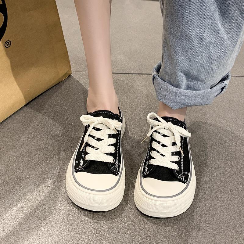 Ugly cute half-drag big-headed women's little white shoes milk Huhu niche summer versatile canvas new thick-soled ugly cute board shoes