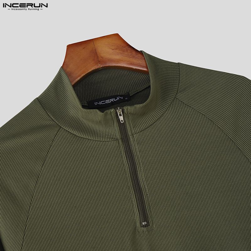 INCERUN Spring Men's Zip-up High Neck Long Sleeve Rib Fitted T-shirts Tops Undershirts
