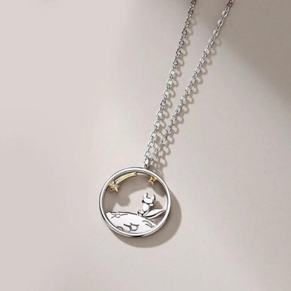 

Fashion Cute Stainless Steel Hollow Out Circular Ring The Little Prince Fox Star Couple Necklace for Women Men Jewelry Gifts