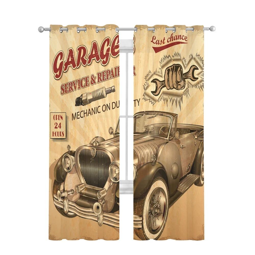 Alphabet Car Machinery Vintage Car Retro Tulle Sheer Window Curtains for Living Room Bedroom Voile Organza Curtains Drapes