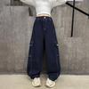 Girls' Autumn Casual Cargo Pants - Wide-Leg Denim Jeans for Kids