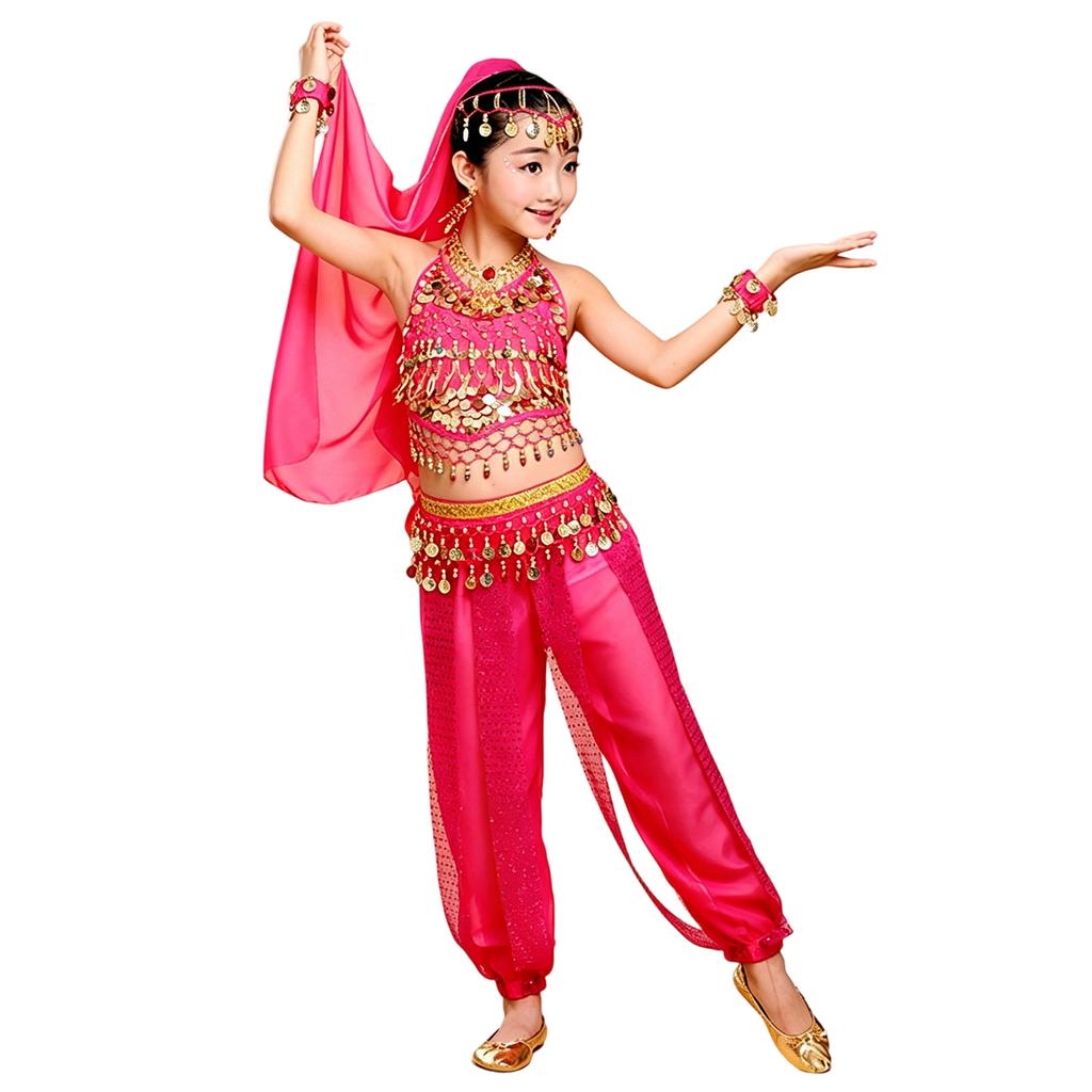 Costume Danza Indiana per Bambine Outfit Danza del Ventre per Bambini Festival Abbigliamento Danza Tradizionale per Bambini con Decorazioni a Monete e Set in Tessuto Trasparente