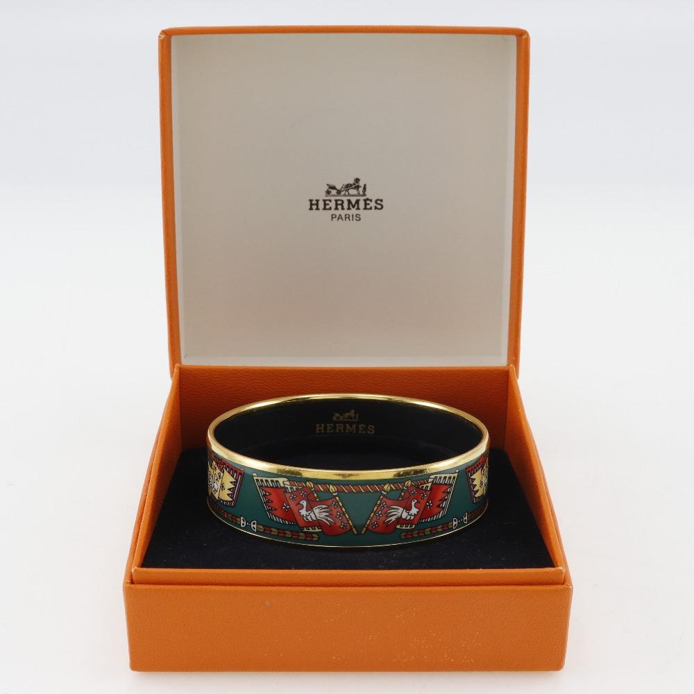 HERMES EmailGM Bangle Flag & Bird cloisonne Green Plated Gold 35g Women Used