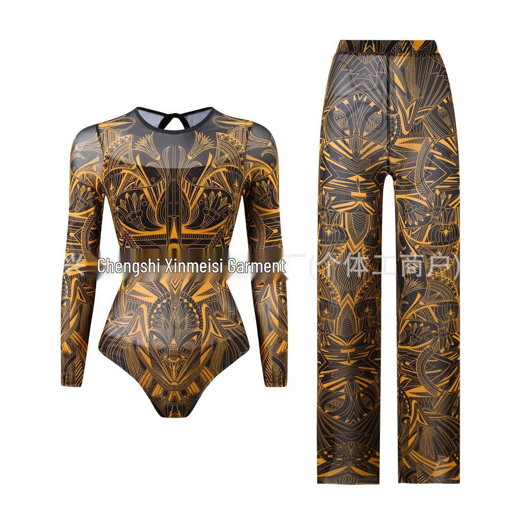 Costume da bagno intero da donna a maniche lunghe in rete con protezione solare e pantaloni