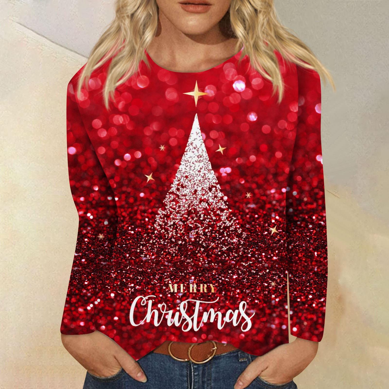 

Женская мода, повседневная блузка с длинным рукавом и рождественским принтом, пуловер с круглым вырезом M винный