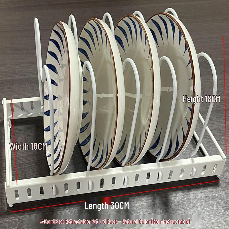 Adjustable Kitchen Storage Rack Organizer for Cookware, Cutting Boards, Pot Lids, and Telescopic Shelf.