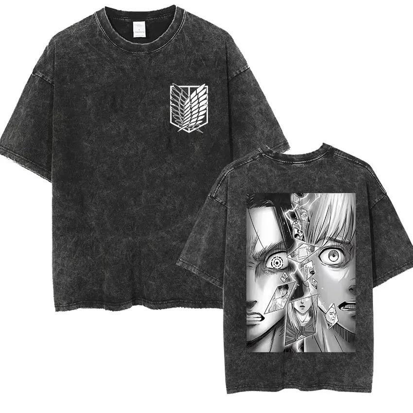 Attack on Titan Washed Oversized T-shirt Mikasa Ackerman Eren Jaeger Women Mens Summer Cotton T-shirts High Quality Anime Fans Clothing