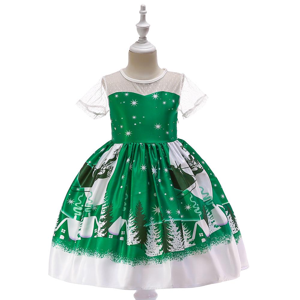 Christmas Children'S Dress Cartoon Printed Satin Cloth Performance Christmas Dance Performance Dress