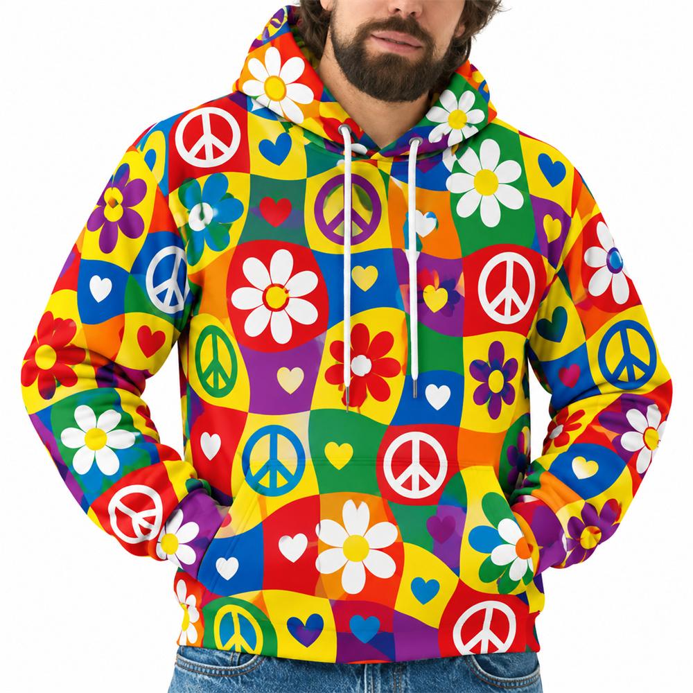 Colorful Peace Sign Hoodie For Men Retro Hippie Flower Heart 3D Printed Pullover Hoodie Checkerboard Graphic Hooded Sweatshirt