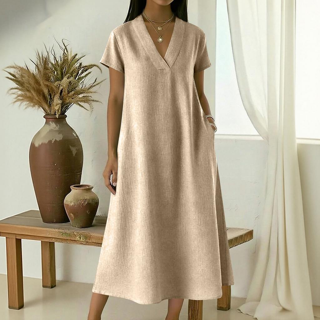 Women's V-neck Short-sleeved Mid-length Loose-fitting Dress With Large Pockets And Casual