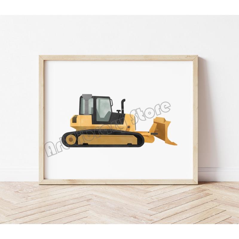 Watercolor Construction Vehicle Transportation Tractor Bulldozer Poster Wall Art Pictures Canvas Painting Nursery Home Decor