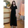 French Casual Gray Short-sleeved Dress for Women's New Summer High-end Waist and Thin Pleated Long Dress