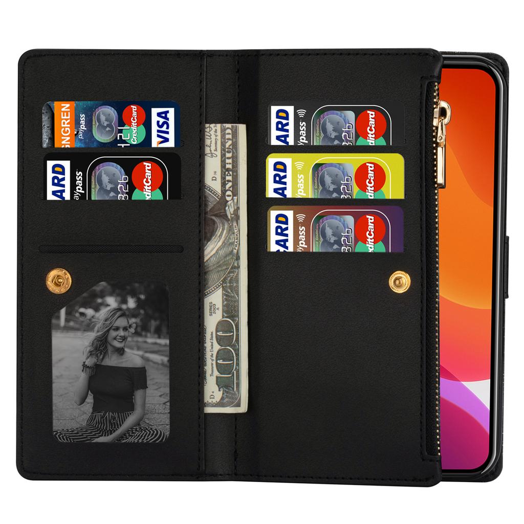 For iPhone 15 Zipper Wallet Stand Phone Case PU Leather Glittery Laser Carving Phone Cover