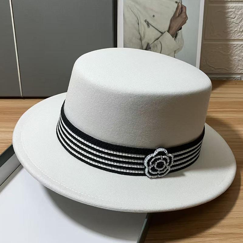 Striped Rhinestone Chain Imitation Wool Flat Top Hat Women's Winter Light Luxury Elegant Retro Top Hat Retro Versatile Temperament Felt