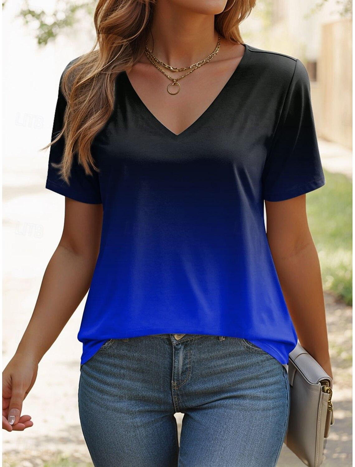 

Женская футболка с рисунком омбре, стильная повседневная, с коротким рукавом, V-образным вырезом, обычные топы, повседневный принт, летние градиентные женские модные футболки 4XL