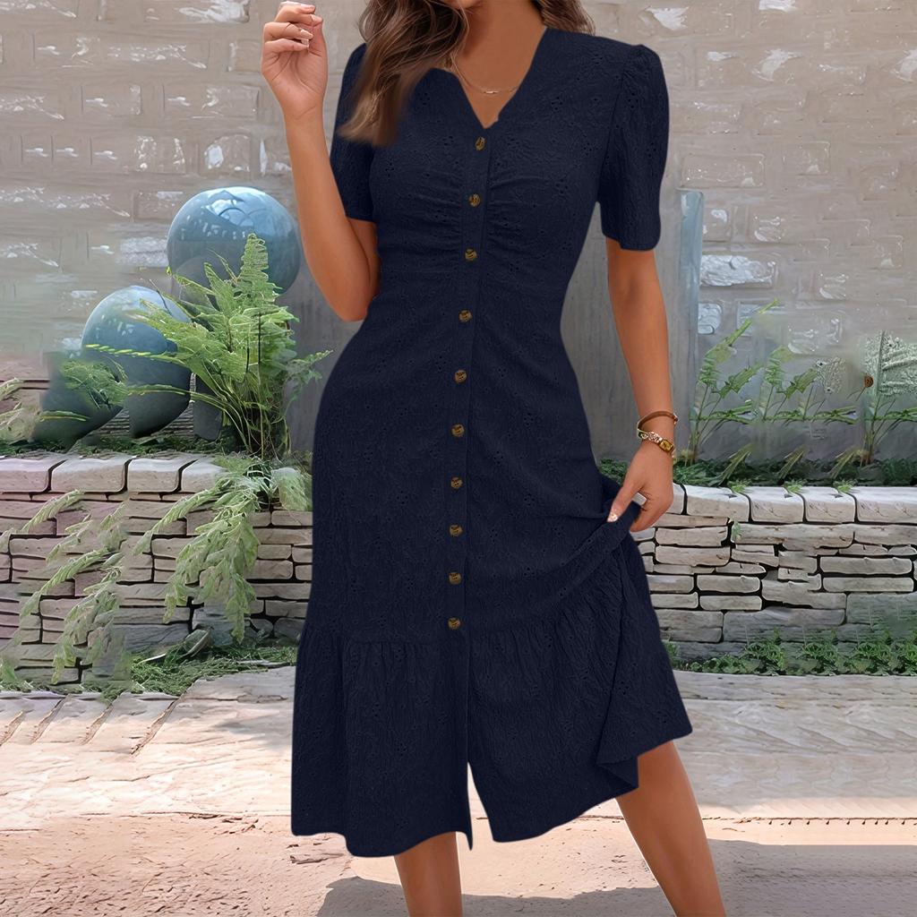 Women's Fashion Round Neck Short Sleeve Solid Color Button Dress