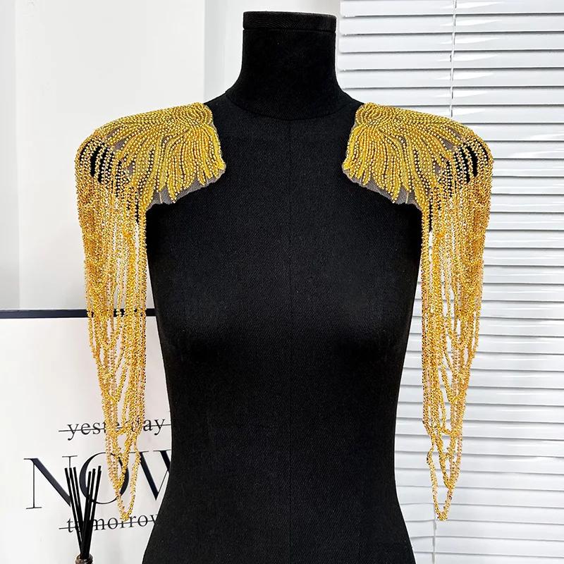 2PCS Chain Tassel Shoulder Ornaments DIY Performance Clothing Wedding Dress Evening Dress Sewing Patch Fashion Shoulder Board