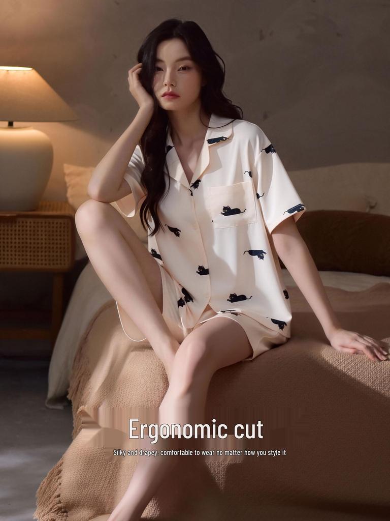 Women's Ice Silk Pajama Set, Short Sleeve Cat Design, Indoor/Outdoor Wear