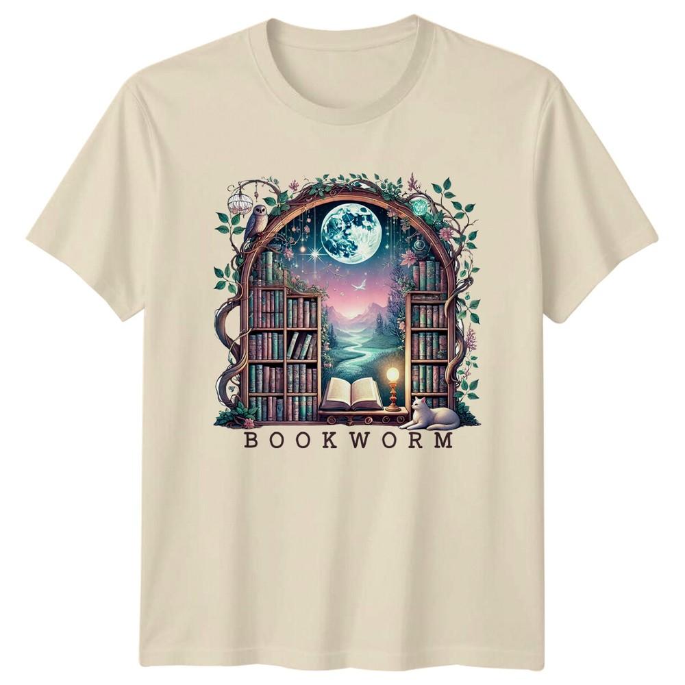 Bookworm Scene TShirt Fantasy Books Reading Owl Cat Moon