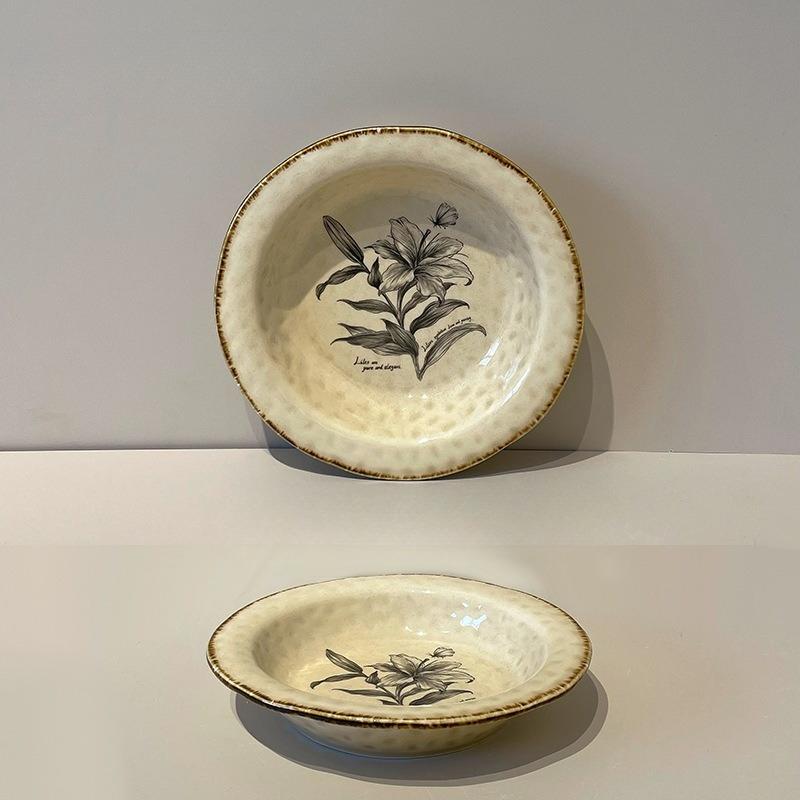 Japanese Straw Hat Plate Retro Floral Deep Pasta Dish Western Dinner Plate Creative Salad Dessert Plate