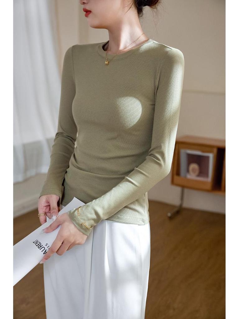 Women's High-Elastic Cotton Ribbed Crew Neck Long-Sleeve Base Layer Top - 2025 Autumn/Winter Collection