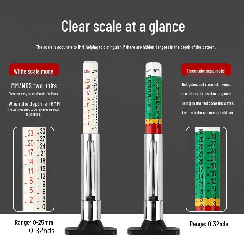 Tire Tread Depth Gauge: 0-25mm Measuring Ruler and Pen