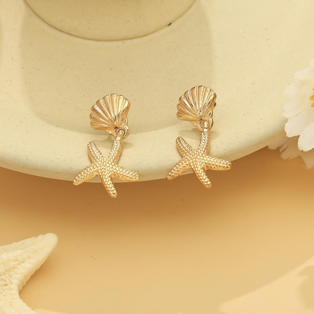 Beach vacation fashion fine jewelry metal shell starfish fringed women stud earrings