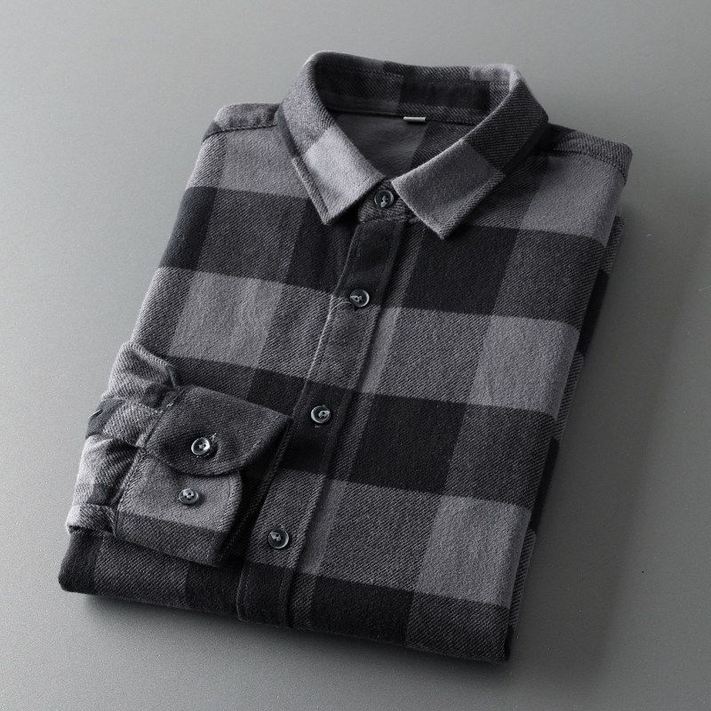 Brushed Long Sleeve Cotton Export Original Plaid Shirt Gray 3XL