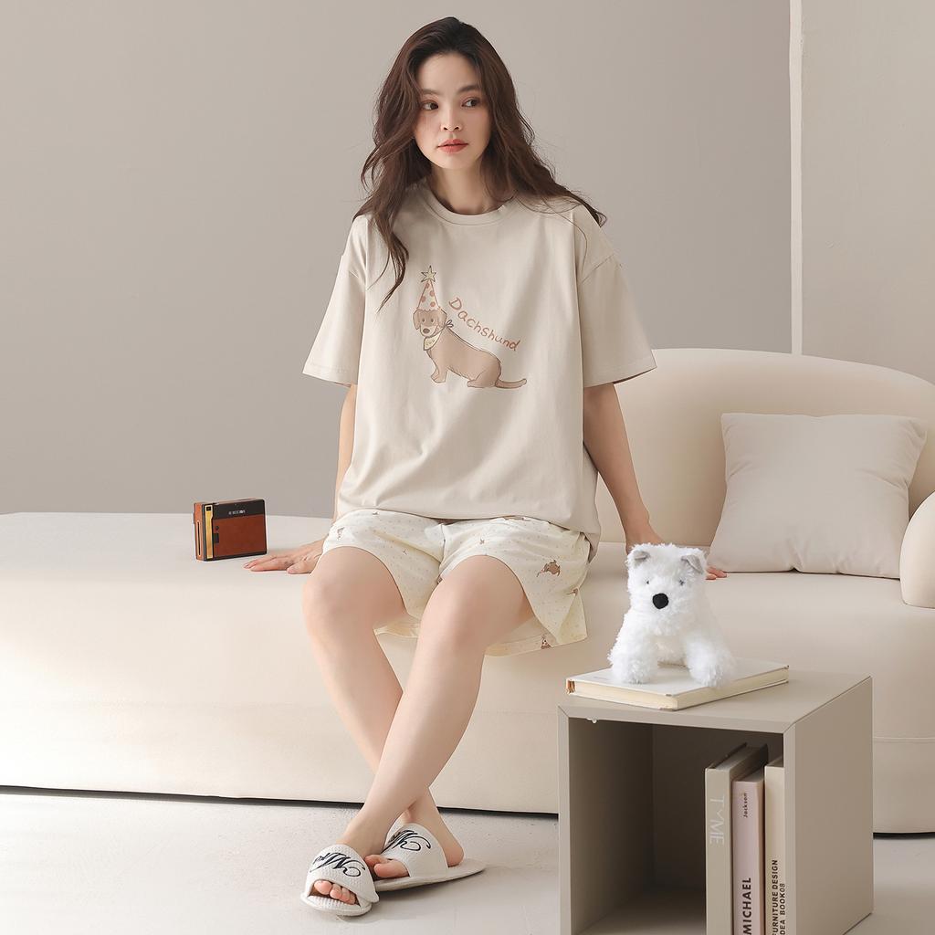 New pajamas women's summer cotton short-sleeved shorts set casual loose solid color Korean simple round neck loungewear