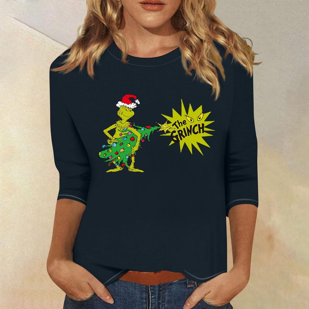 3/4 Sleeve Tops For Women T-Shirt Casual Christmas Print Tops T Shirt Round Neck Pullover Blouse