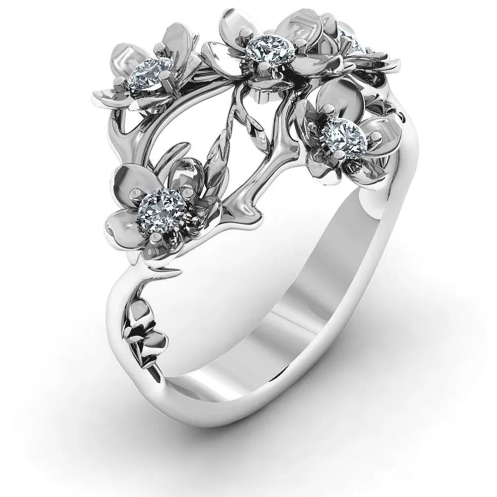 Romantic Silver Color Flower Rings Bridal Wedding Ceremony Party Dazzling Cubic Zircon Creative Design Elegant Women Ring