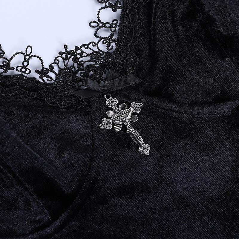 Goth Dress Dark Cross Black Mini Dress Vintage Sexy Spaghetti Strap High Waist Slit Dresses Goth Party Club Women Dress