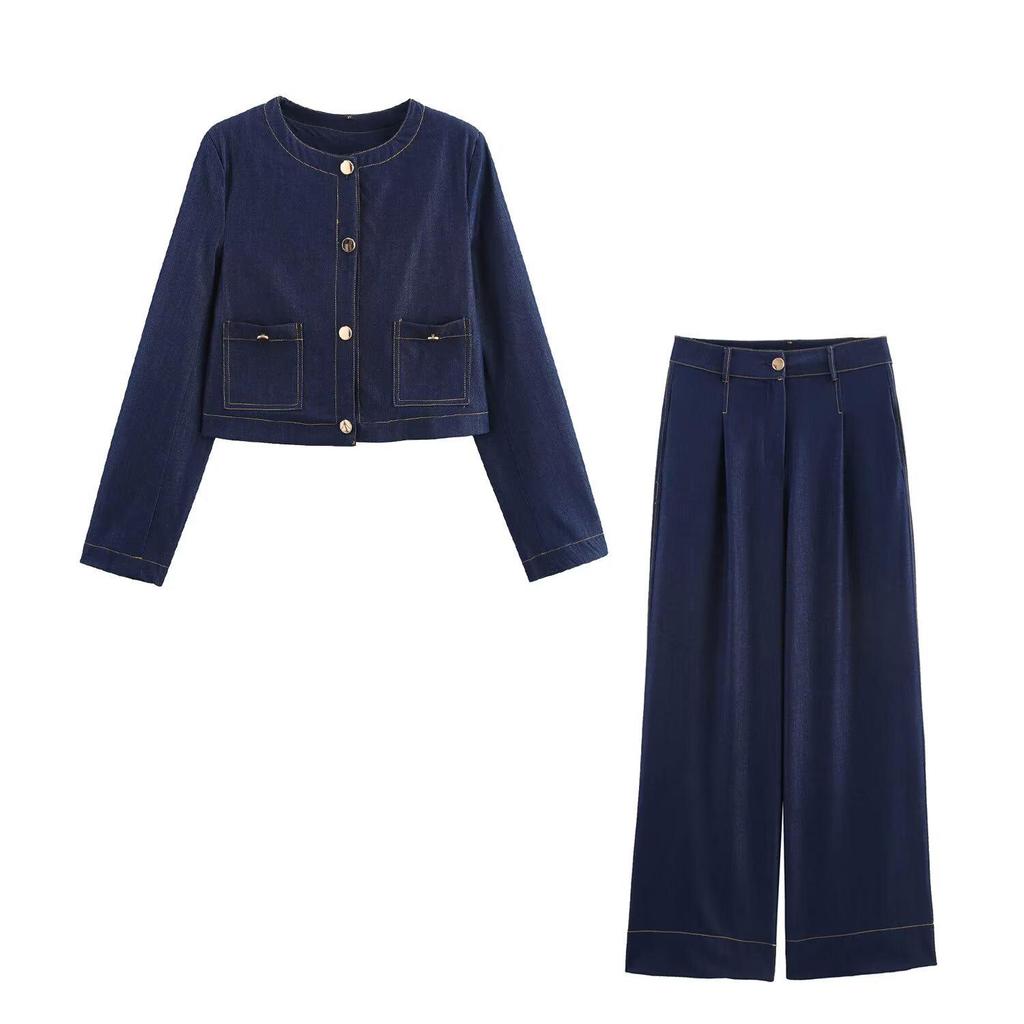 2025 Spring Women's Slim-Fit Color-Block Denim Jacket and Wide-Leg Pants Set