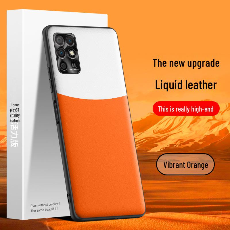 Schutzhülle aus flüssigem Leder für Honor Play 5T Vitality Edition mit Sturzschutzfunktion, als einteilige Hülle geliefert.