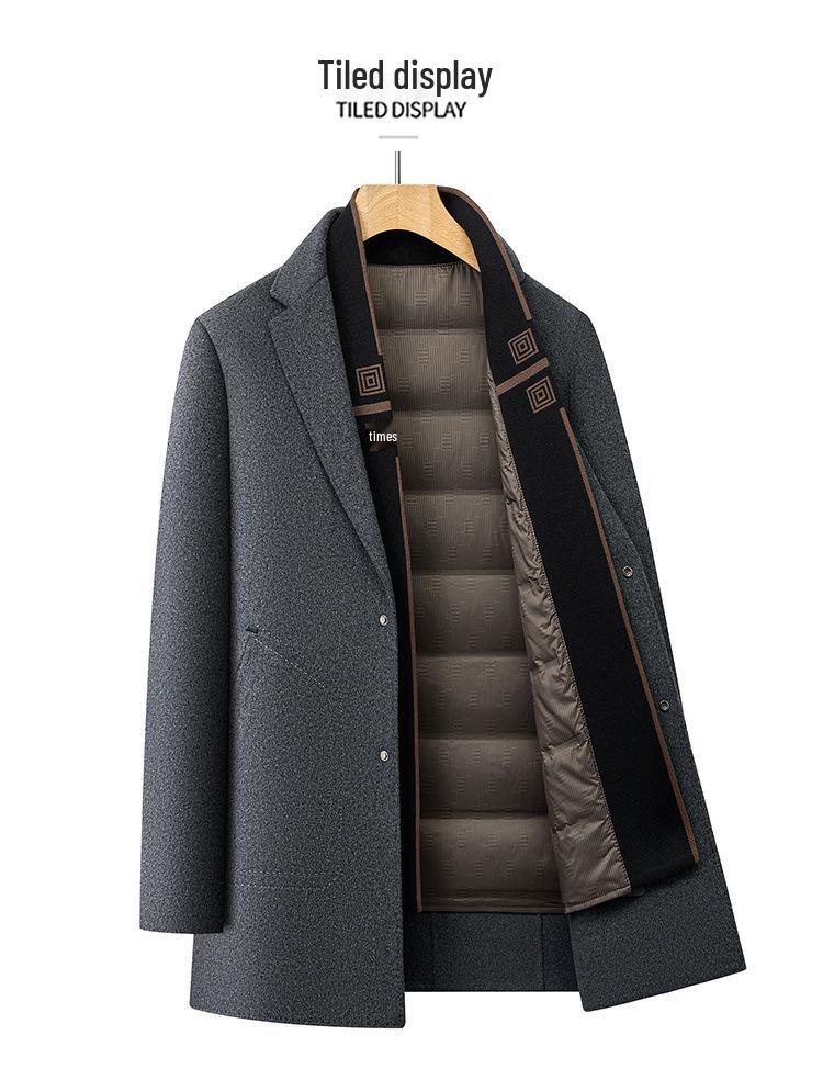 Men's Winter Wool Coat with Scarf Collar - Business Casual, Detachable Double-Sided Design, 90% Goose Down Liner