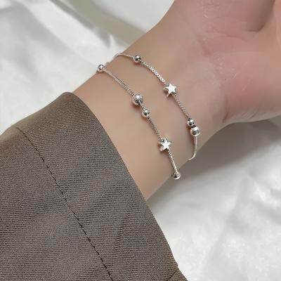 Pure Silver S925 Silver Bracelet Double Star Bracelet Fresh Temperament Sweet Simple Personality Bead Five-pointed Star Bracelet