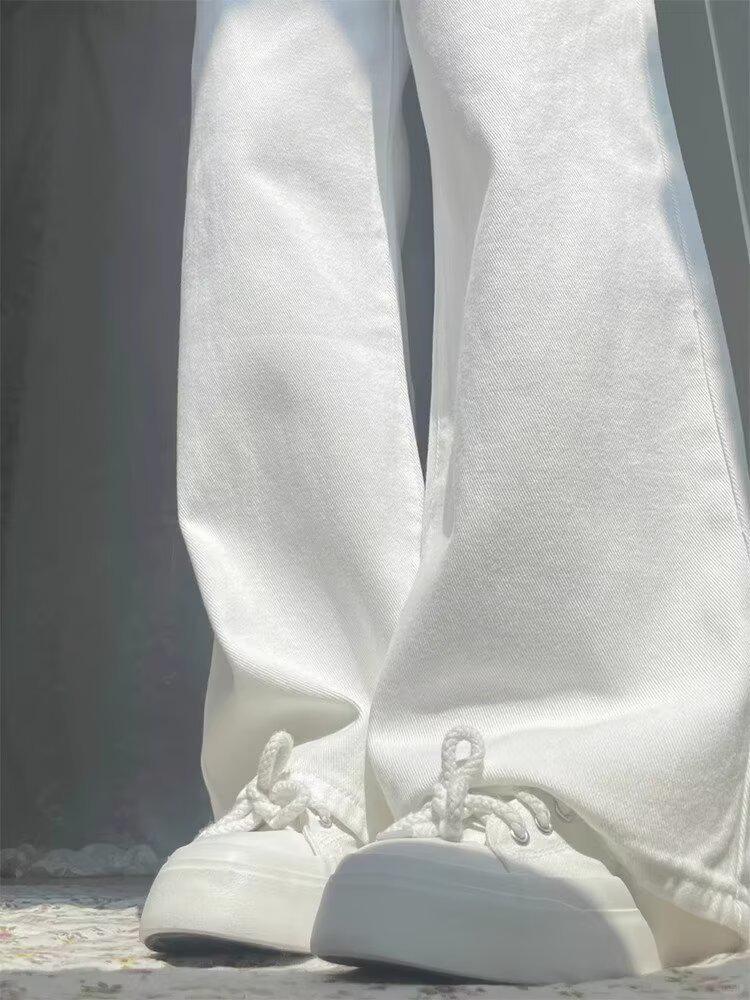 Women's Fleece-Lined White Straight-Leg Jeans, Autumn/Winter, Pear-Shaped Fit, Loose Wide-Leg Floor-Length Thick Pants.