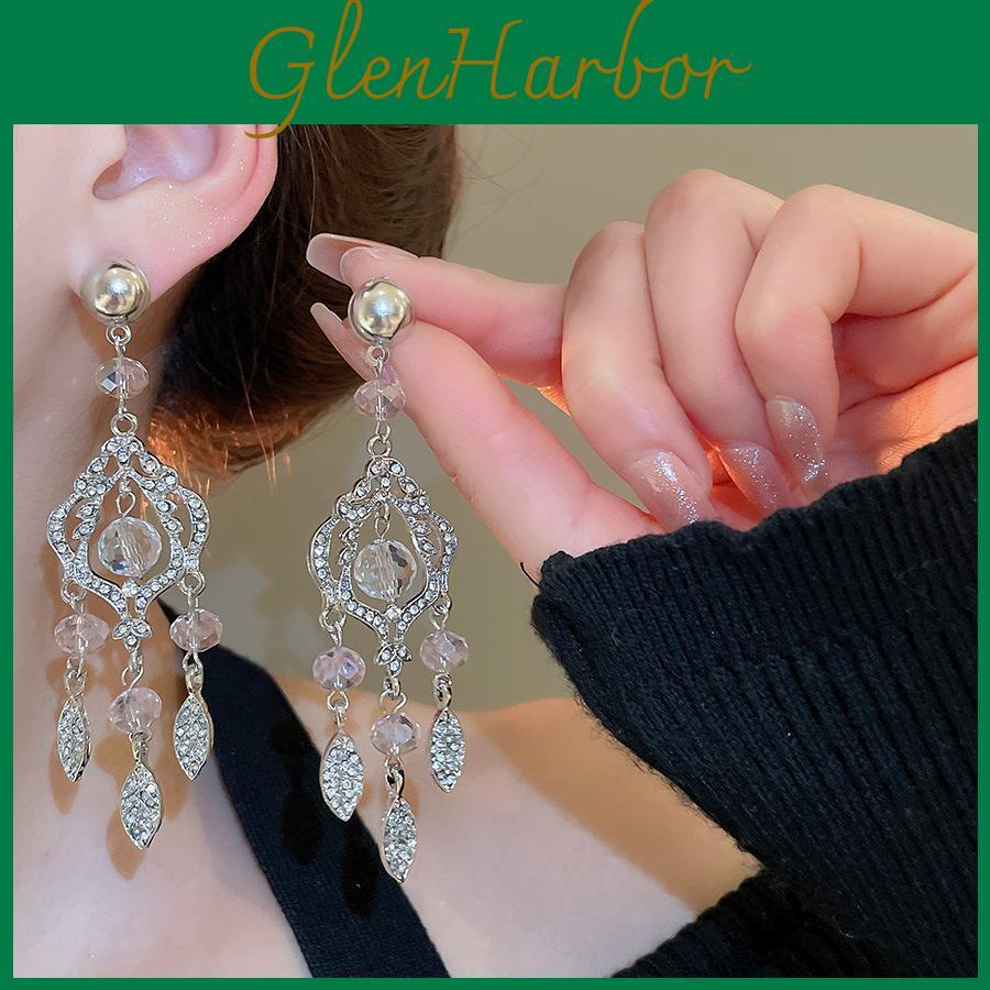 Vintage Leaf Dangle Earrings With Rhinestone Glass Beads For Women