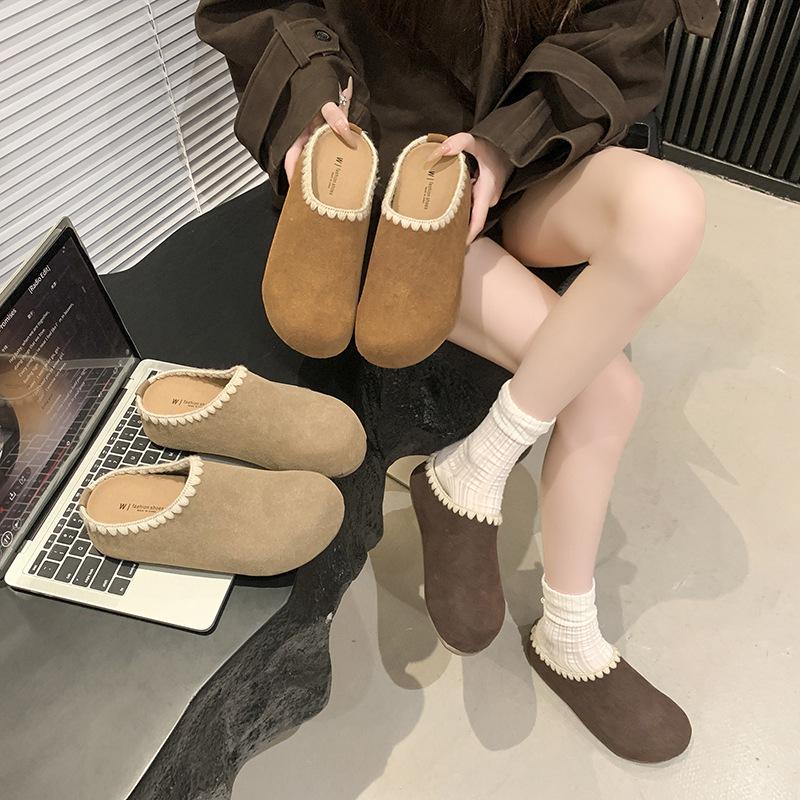 Lace Thick-soled Outer Wear Velvet Cotton Slippers 2025 Autumn New Casual One-pedal Lazy Bag Head Half Slippers