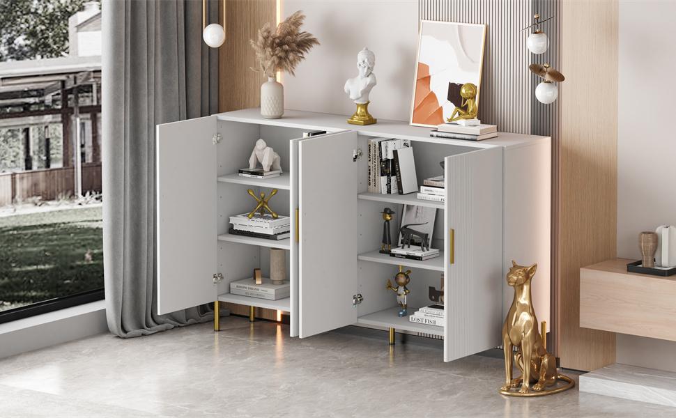 Modern Simple White Matte Multifunctional Storage Cabinet 4 Open and Closed Doors Dining Room Cabinet Gold Decoration 160*35*100cm