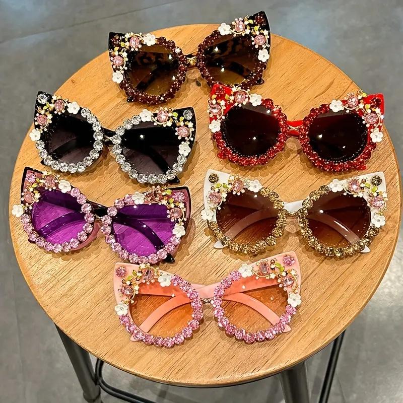 Luxury Rhinestone Flower Sunglasses Cat Eye Gradient Decorative Shades Props For Costume Party Prom