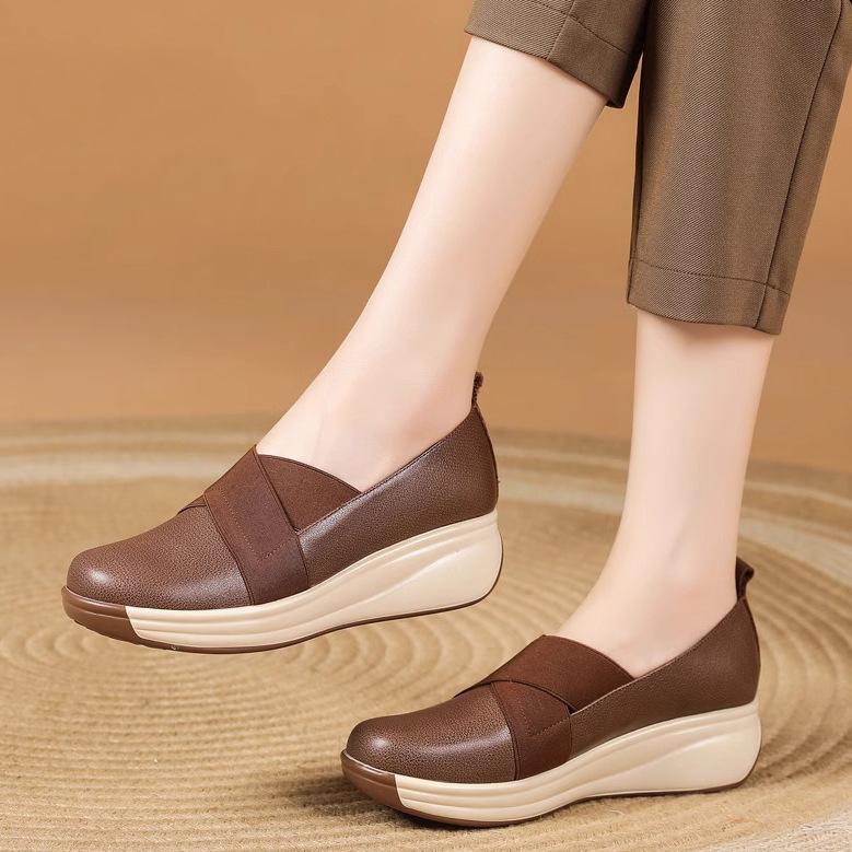 Medium Mother Shoes Retro Single Shoes Women'S Rocking Platform Mary Jane Shoes Casual Wedge Heel Leather Shoes Women