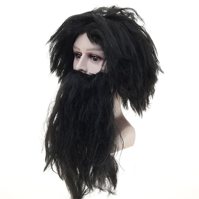 Authentic Long Black Wildman Wig And Beard Costume Set For Halloween Celebrations
