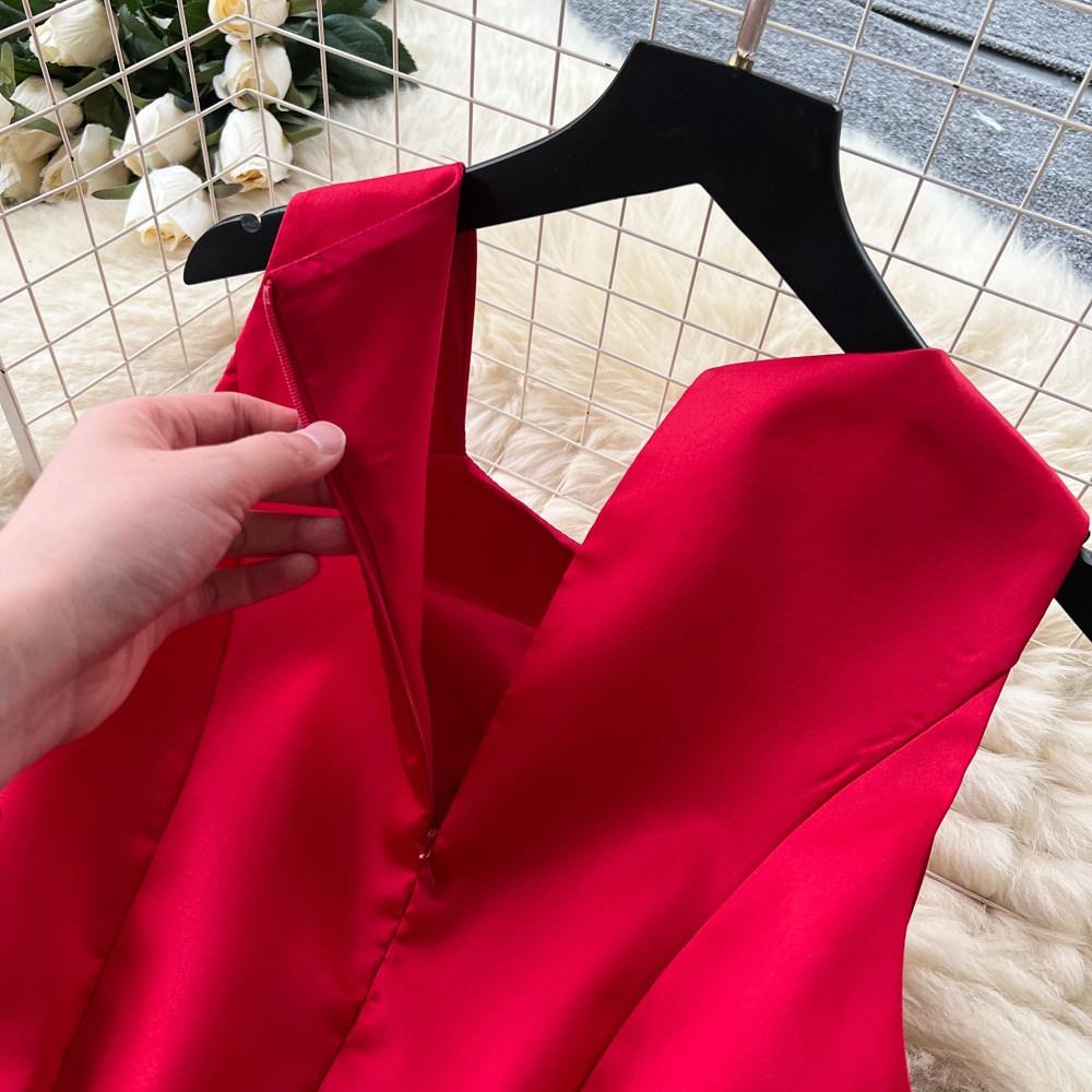 Elegant Sleeveless Satin Dress for Women Luxurious Solid Color Flower Buttons Summer Autumn Formal Evening Party Vestidos