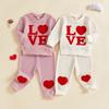 Valentine's Day LOVE Embroidered Waffle Set: Long Sleeve Hoodie + Pants for Men, Women, and Children