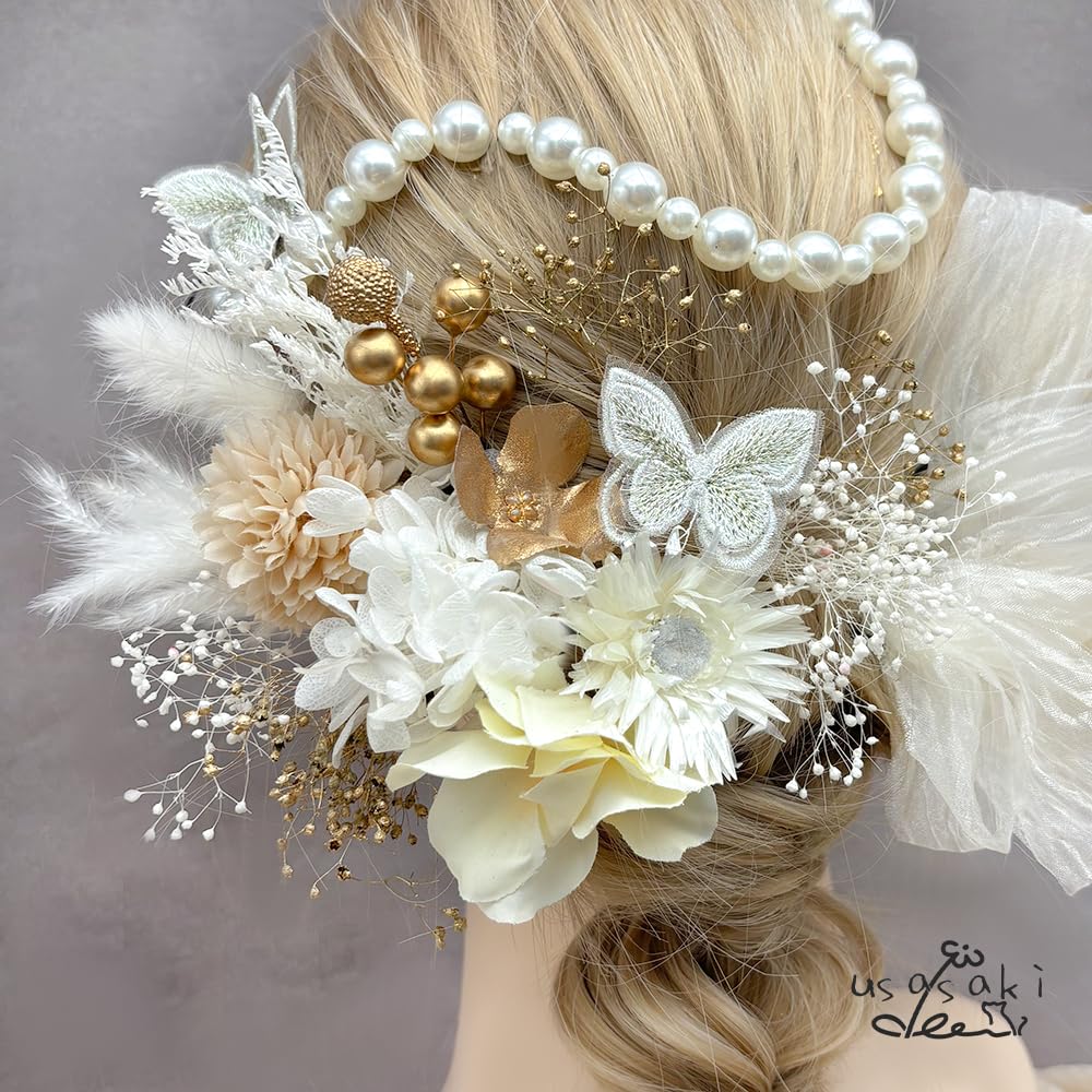 Usasaki Hair Dried Japanese Berry Pearl Hair Long A24110006 Ornament, Coming-of-Age Ceremony, Pre-wedding Photoshoot, Hydrangea, Baby's Breath,