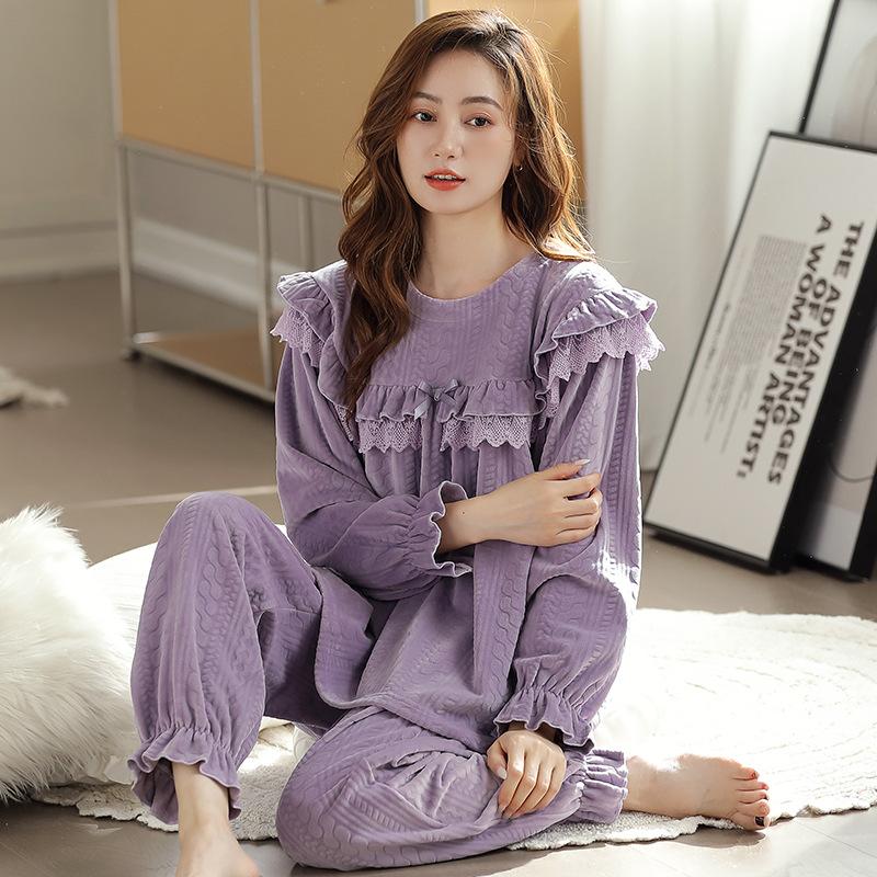 Coral Fleece Pajamas Women'S Spring And Autumn Flannel Autumn And Winter Thin Casual Wear Winter Island Fleece Loungewear Suit