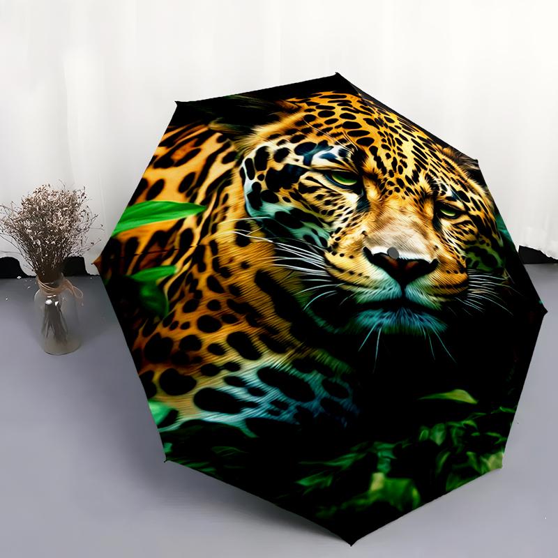 1pc leopard Theme pattern Umbrella Portable Folding Umbrella Iron Frame Hole Bone Structure Outdoor Home Umbrella